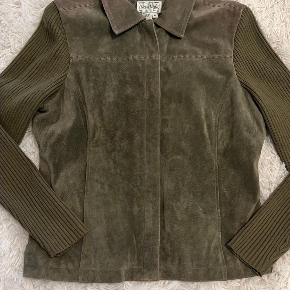 Live a Little Olive Suede Sweater Sleeve Whipstitch Jacket Blazer - Picture 5 of 8